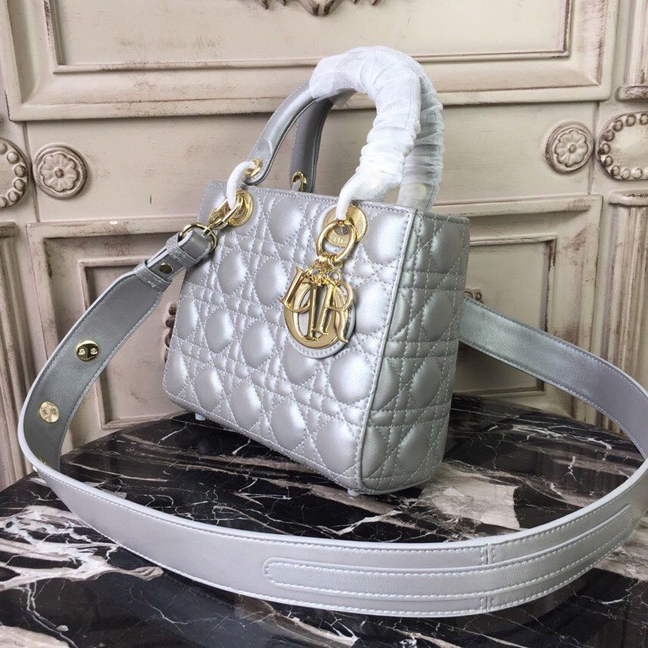 1:1 Replica Christian Dior Small Lady Dior Bag Gold Toned Hardware Pearl Silver White For Women 8in/20cm CD - Image 3