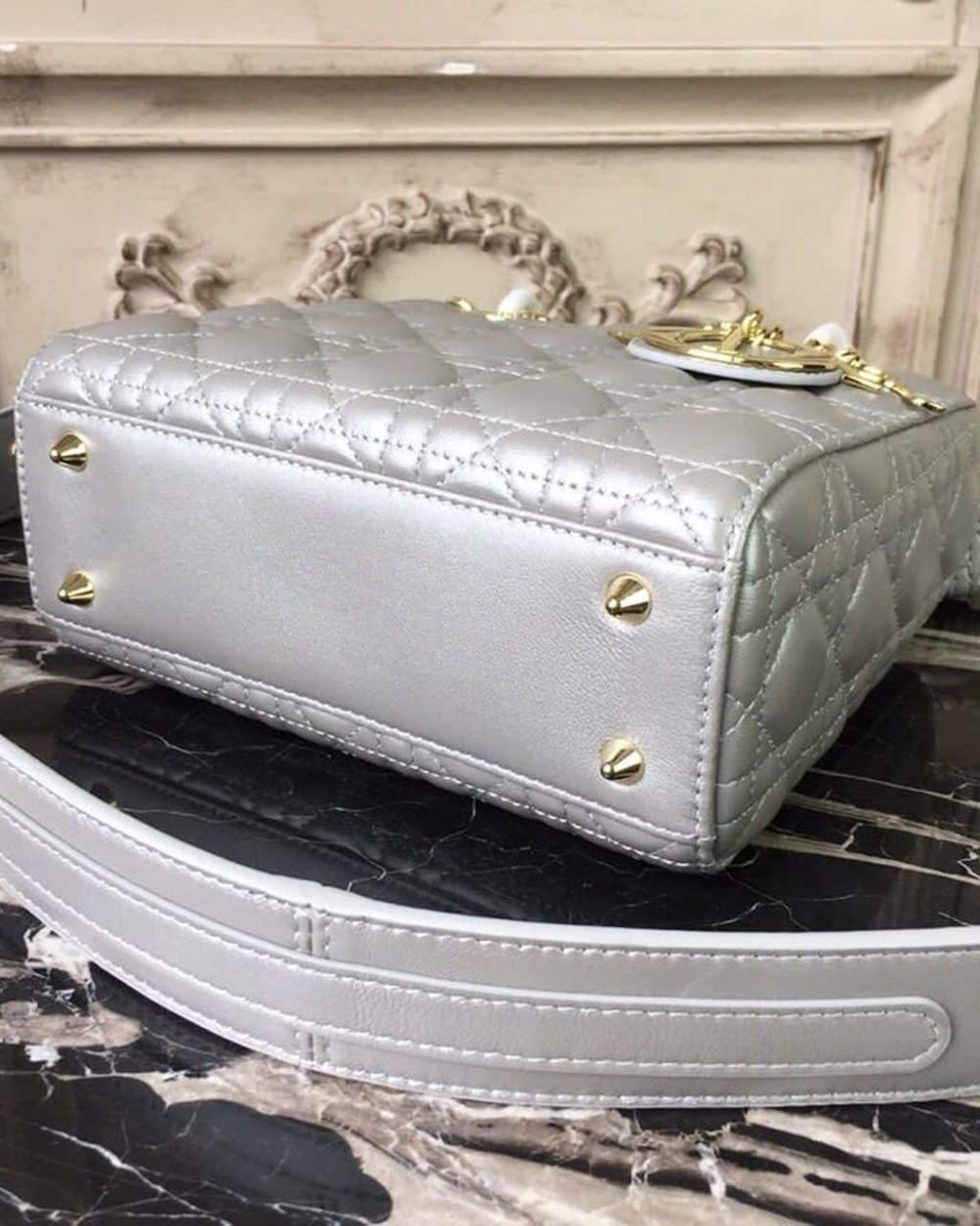 1:1 Replica Christian Dior Small Lady Dior Bag Gold Toned Hardware Pearl Silver White For Women 8in/20cm CD