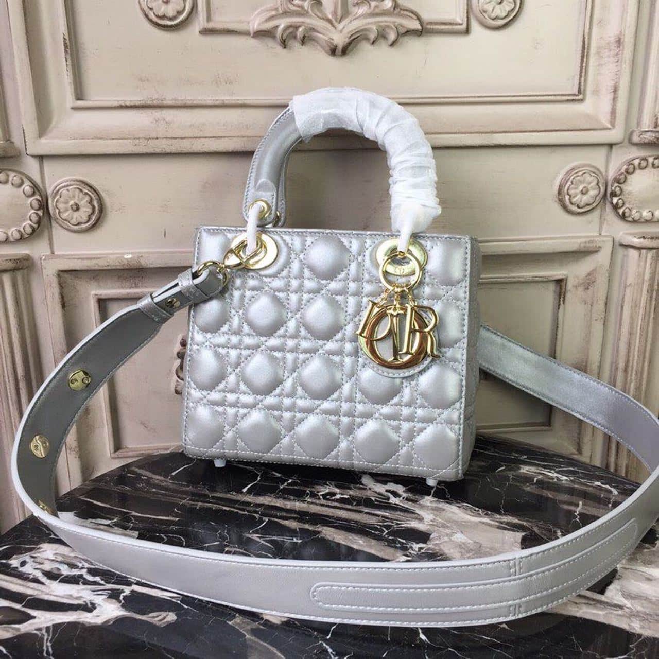 1:1 Replica Christian Dior Small Lady Dior Bag Gold Toned Hardware Pearl Silver White For Women 8in/20cm CD