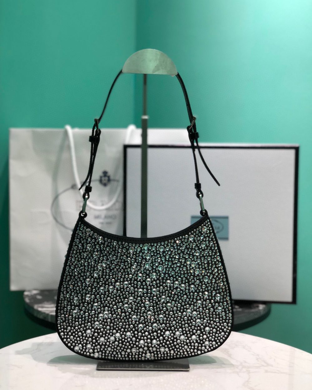 Cleo Satin Bag With Crystals In Black/Gold Tone For Women 8.6in/ 22cm 1BC169_2AWL_F063R_V_HOO