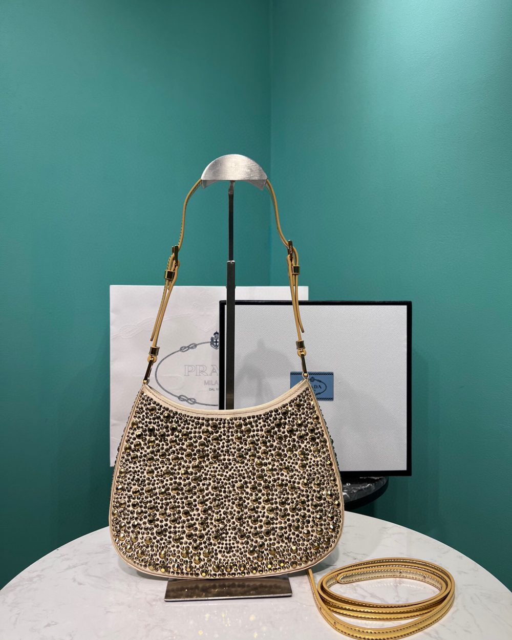 Cleo Satin Bag With Crystals In Black/Gold Tone For Women 8.6in/ 22cm 1BC169_2AWL_F063R_V_HOO