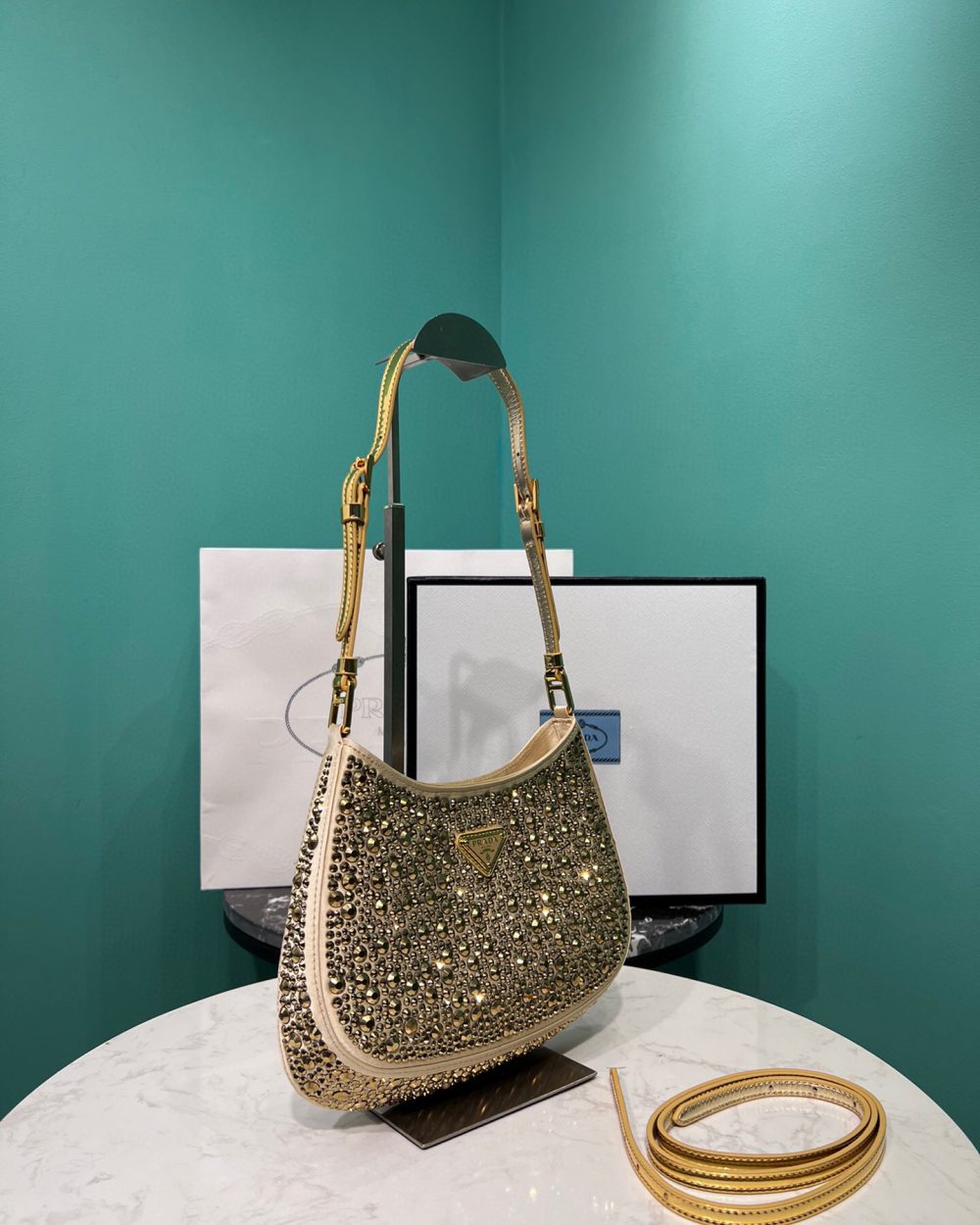 Cleo Satin Bag With Crystals In Black/Gold Tone For Women 8.6in/ 22cm 1BC169_2AWL_F063R_V_HOO