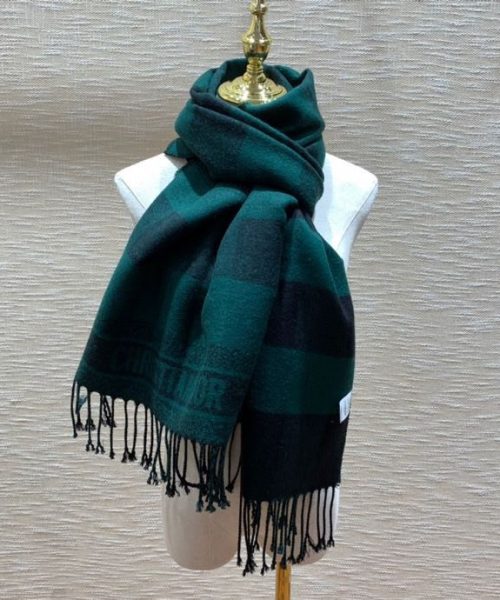 Dior Caro Patterns Dark Green and Black Wool Scarf 200cm/79in 