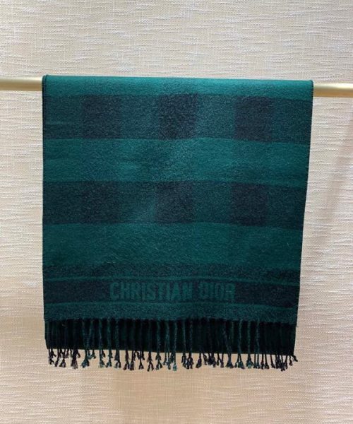 Dior Caro Patterns Dark Green and Black Wool Scarf 200cm/79in