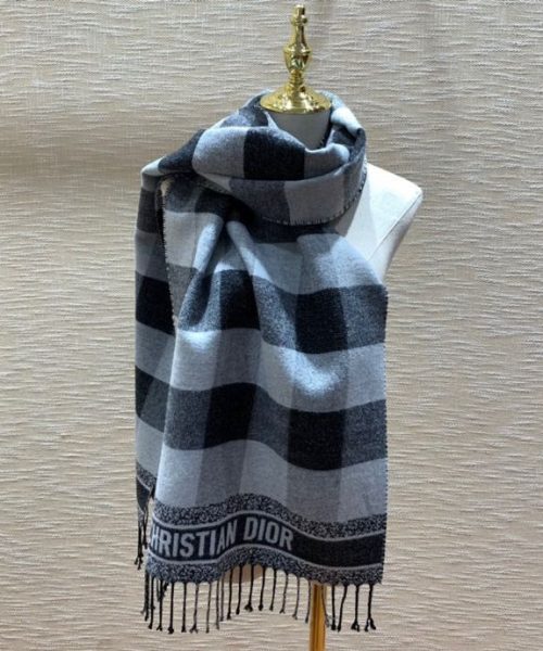 Dior Caro Patterns White and Black Wool Scarf 200cm/79in 