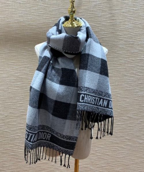 Dior Caro Patterns White and Black Wool Scarf 200cm/79in 