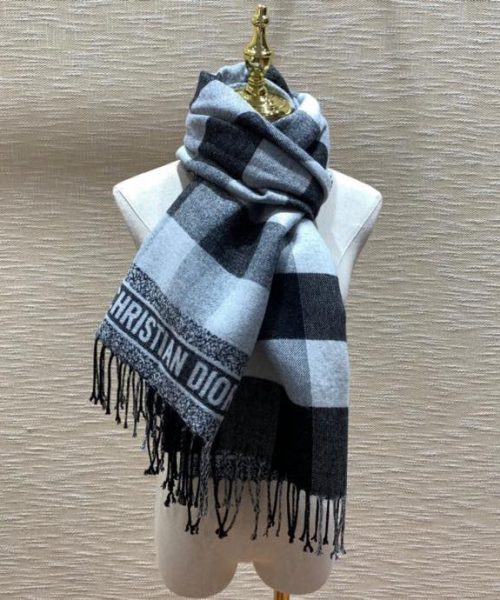 Dior Caro Patterns White and Black Wool Scarf 200cm/79in 