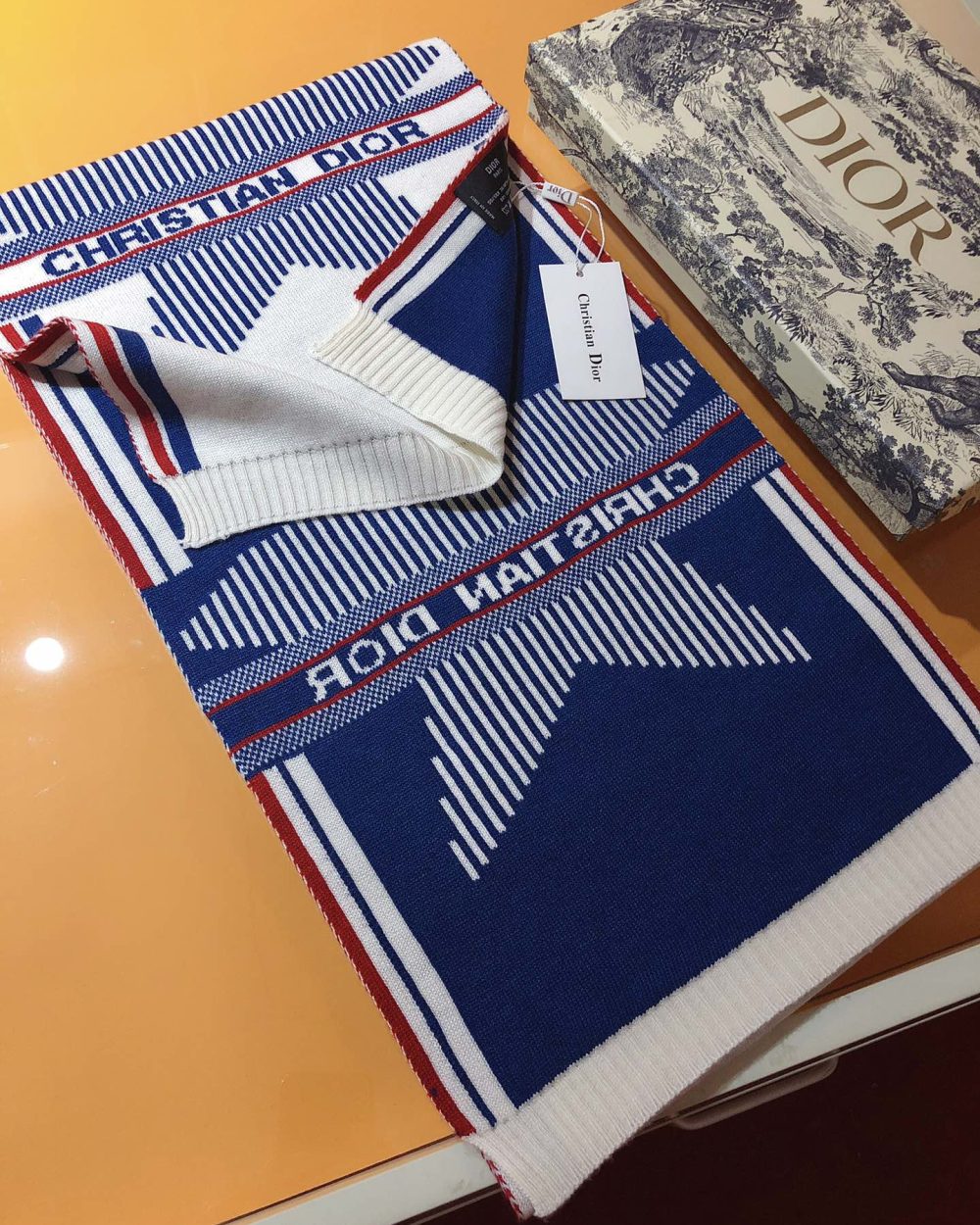 Dior Dioralps Reversible White/Blue Wool and Cashmere Scarf 200cm/79in 