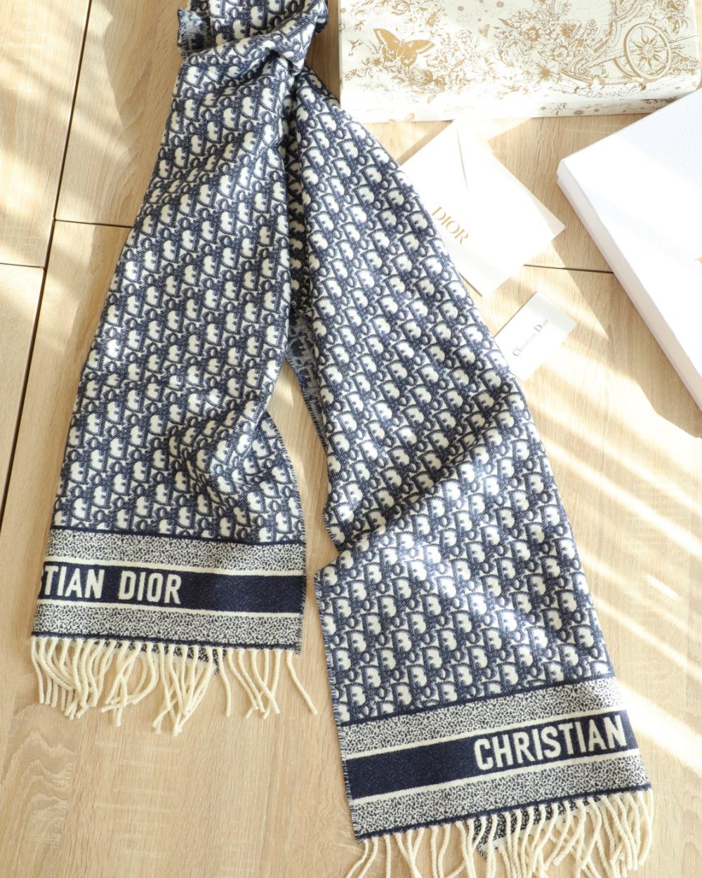 Dior Oblique Navy Blue Cashmere Scarf 200cm/79in