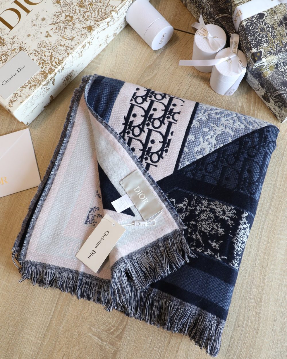 Dior Oblique Square Cashmere Navy Blue Scarf 150cm/59in