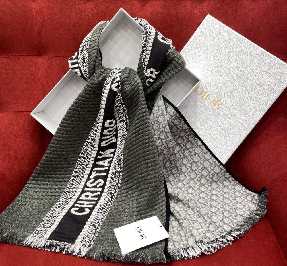 Dior Oblique University Reversible Scarf Green Grey 79in/200cm