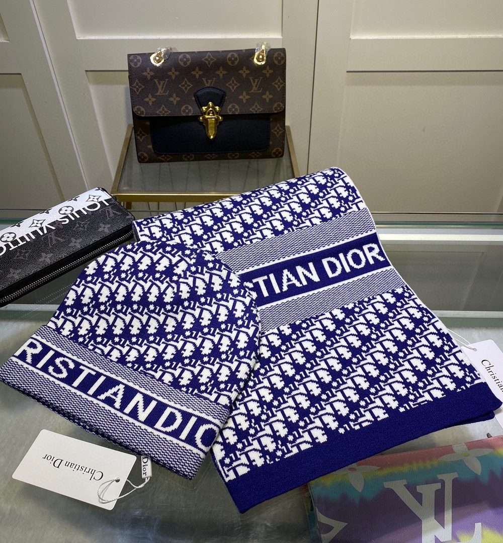Dior Pompom Beanie & Scarf Set In Blue 