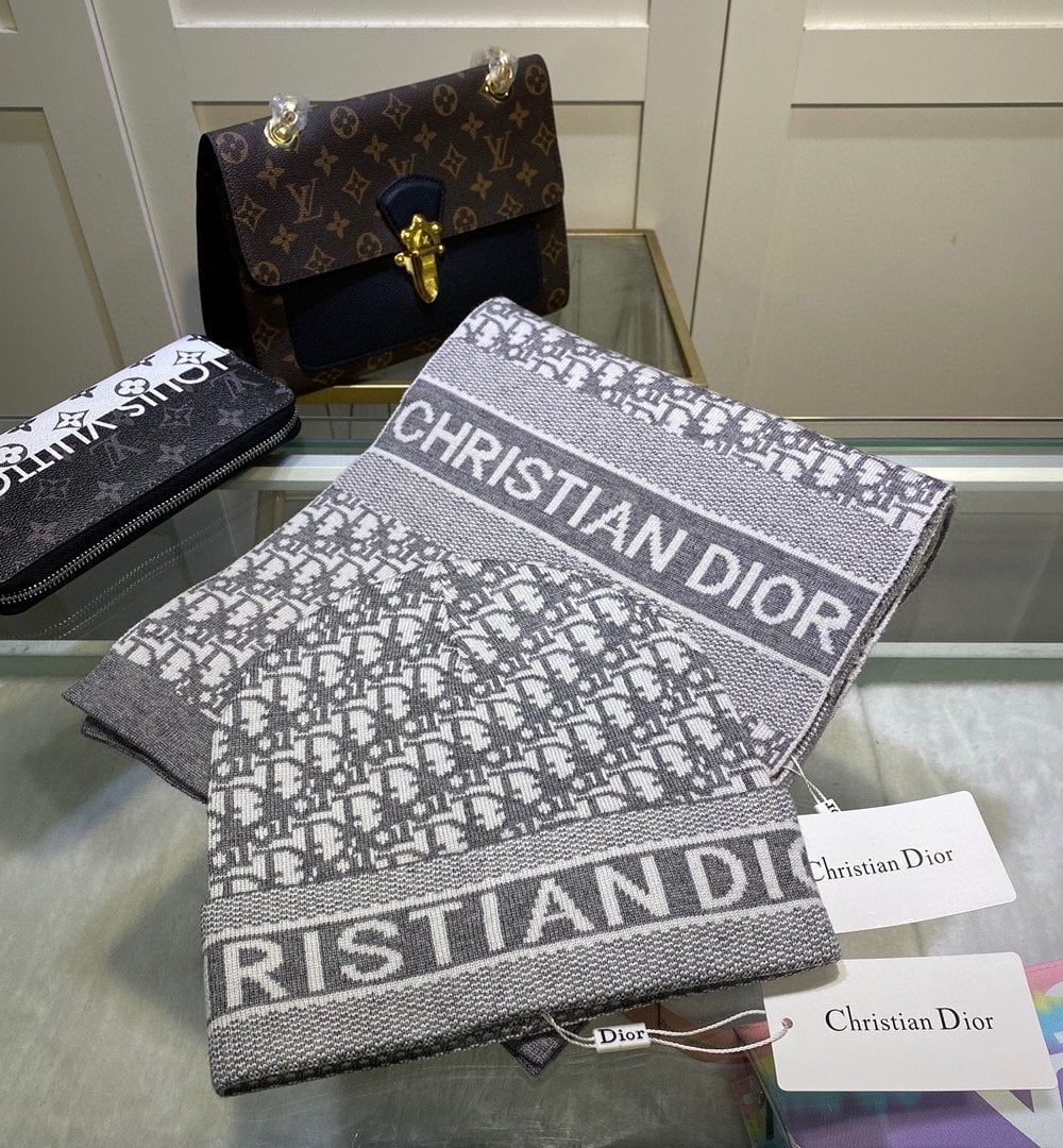 Dior Pompom Beanie & Scarf Set In Grey 