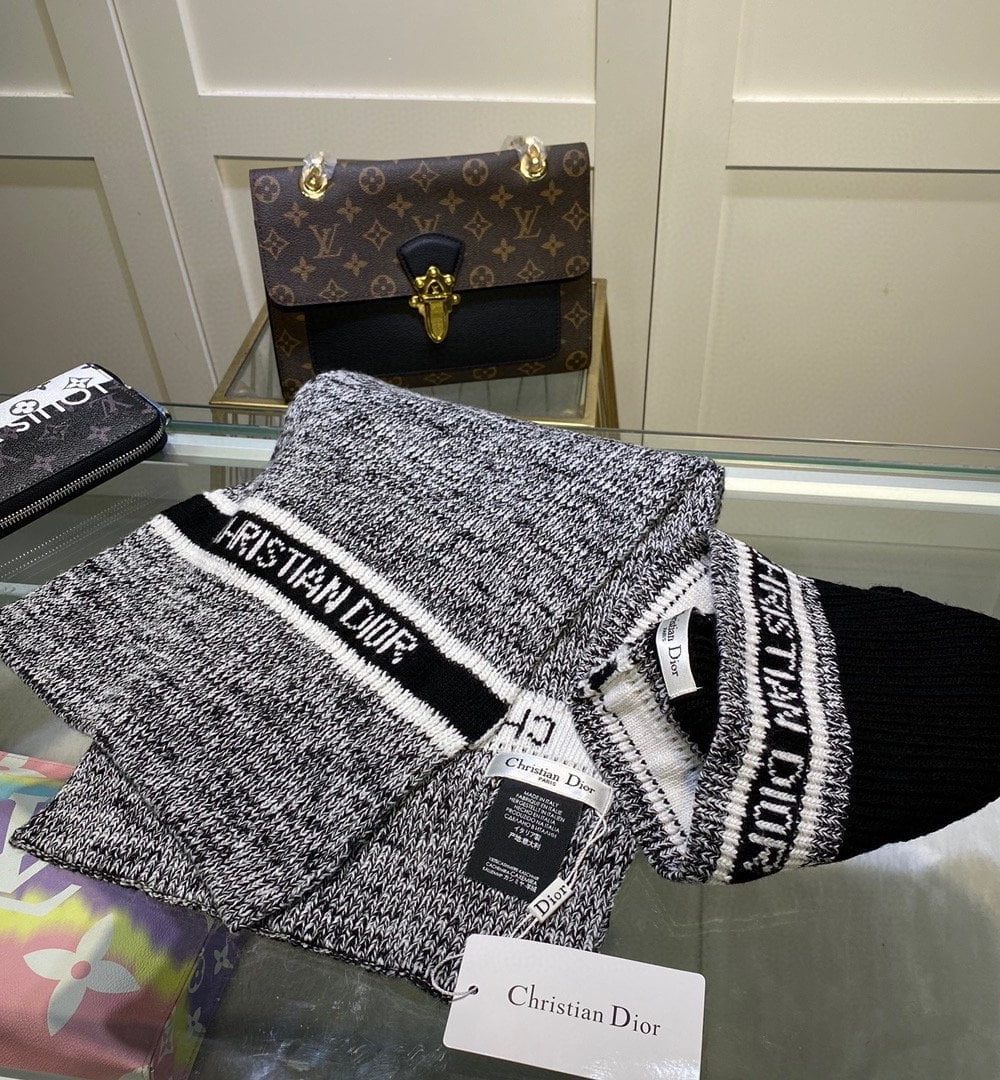 Dior Pompom Beanie & Scarf Set In Grey 