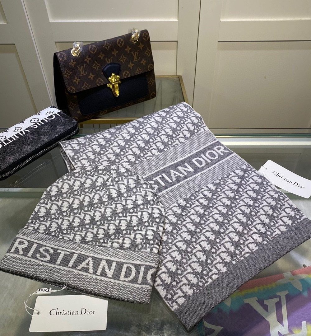 Dior Pompom Beanie & Scarf Set In Grey 