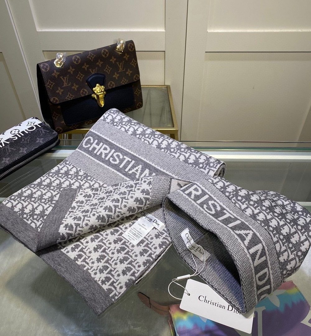 Dior Pompom Beanie & Scarf Set In Grey 