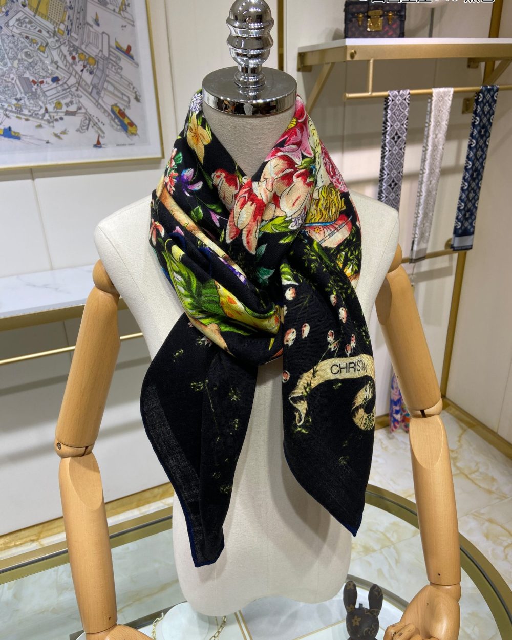 Dior Silk Cashmere Square Multicolor Flower in Black Scarf 140cm/55in 