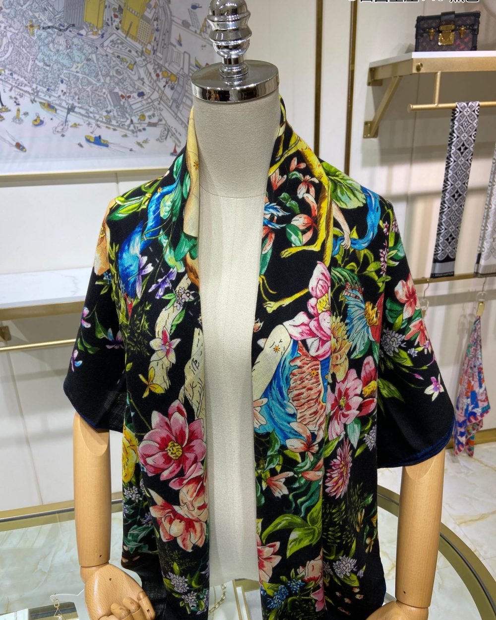 Dior Silk Cashmere Square Multicolor Flower in Black Scarf 140cm/55in 