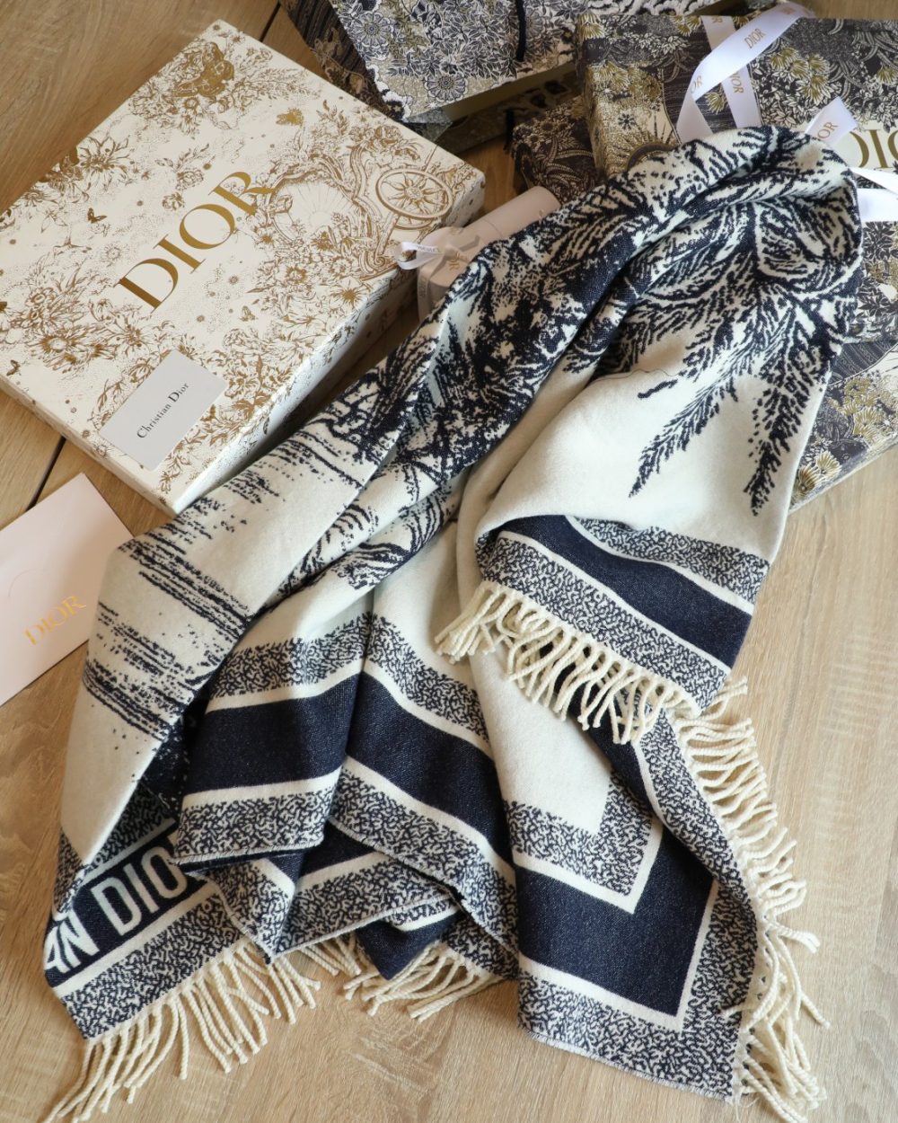 Dior Silk Square Ivory and Navy Blue Scarf 150cm/71in 
