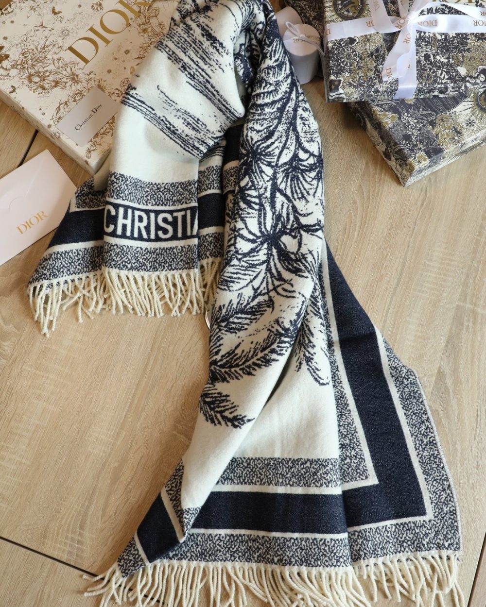 Dior Silk Square Ivory and Navy Blue Scarf 150cm/71in 