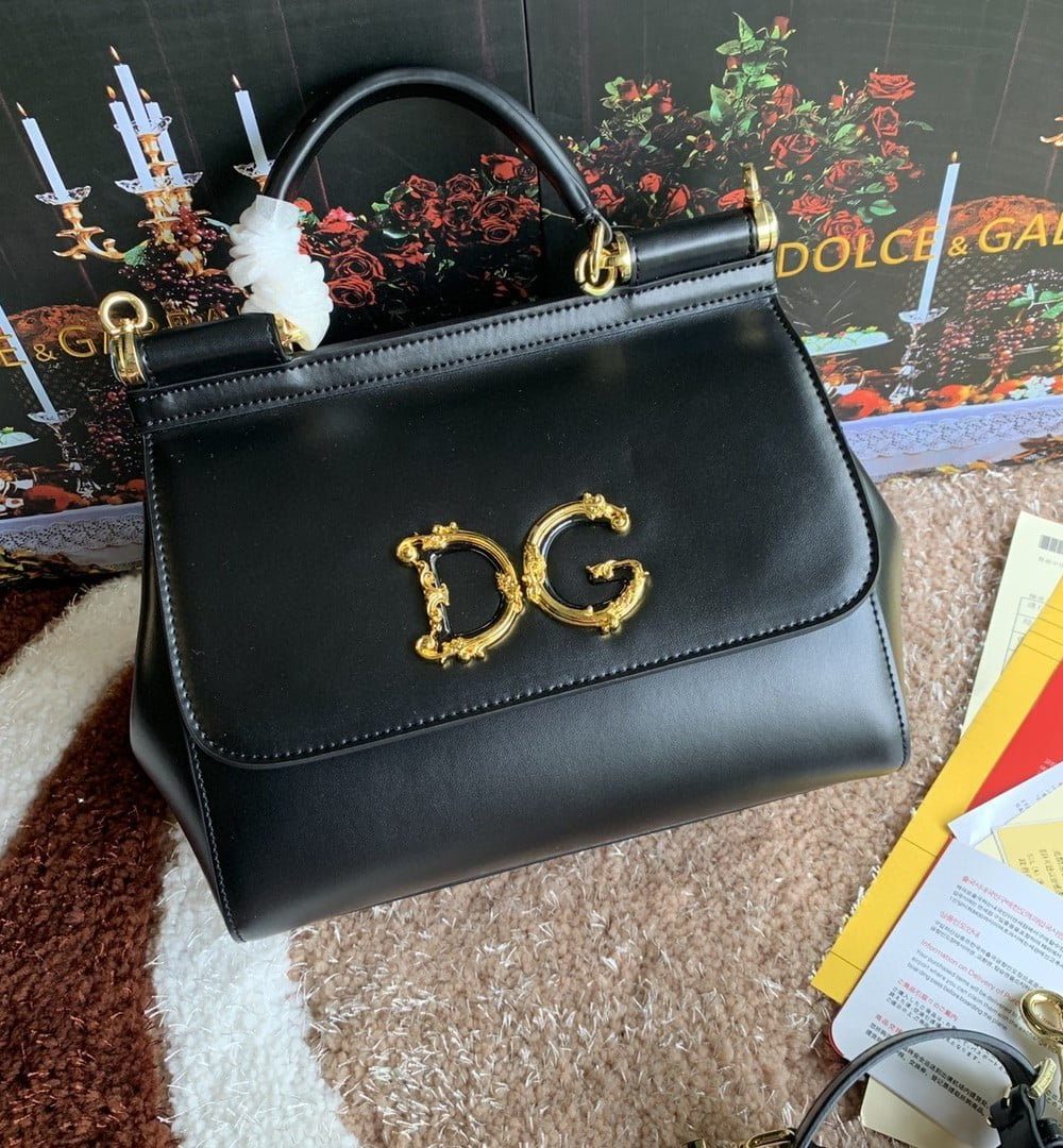 Dolce & Gabbana Medium DG Handbag In Dauphine Black For Women 10.2in/26cm DG