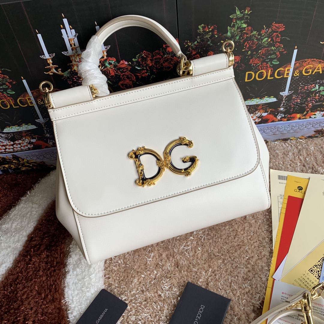 Dolce & Gabbana Medium DG Handbag In Dauphine White For Women 10.2in/26cm DG