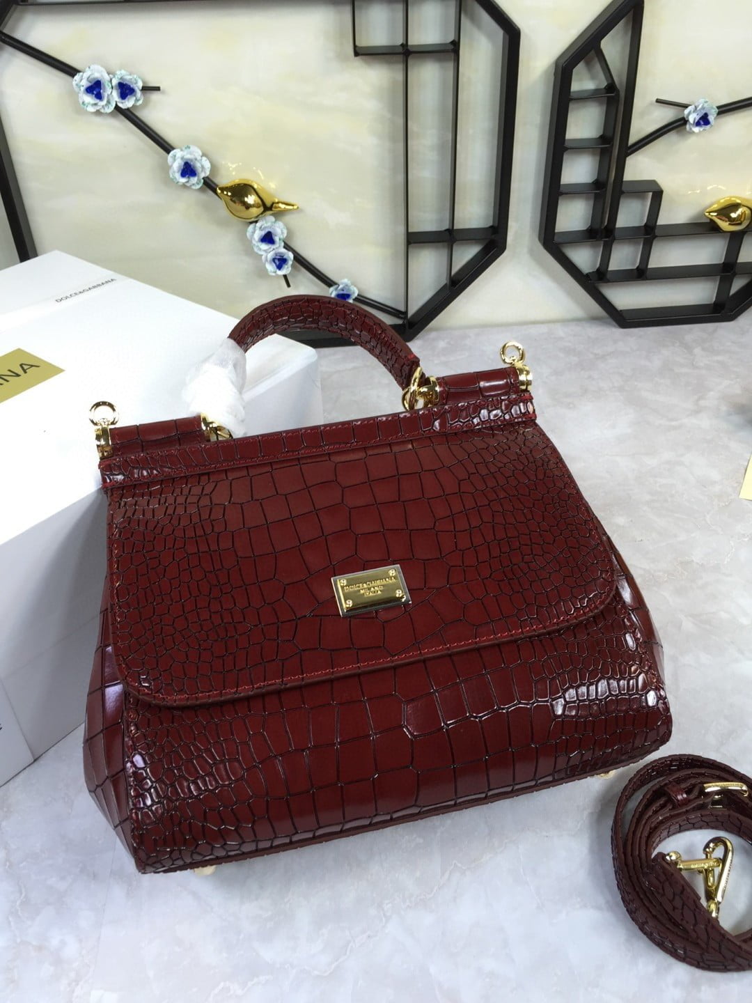 Dolce & Gabbana Medium Sicily Bag In Foiled Crocodile-Print Burgundy For Women 10.2in/26cm DG