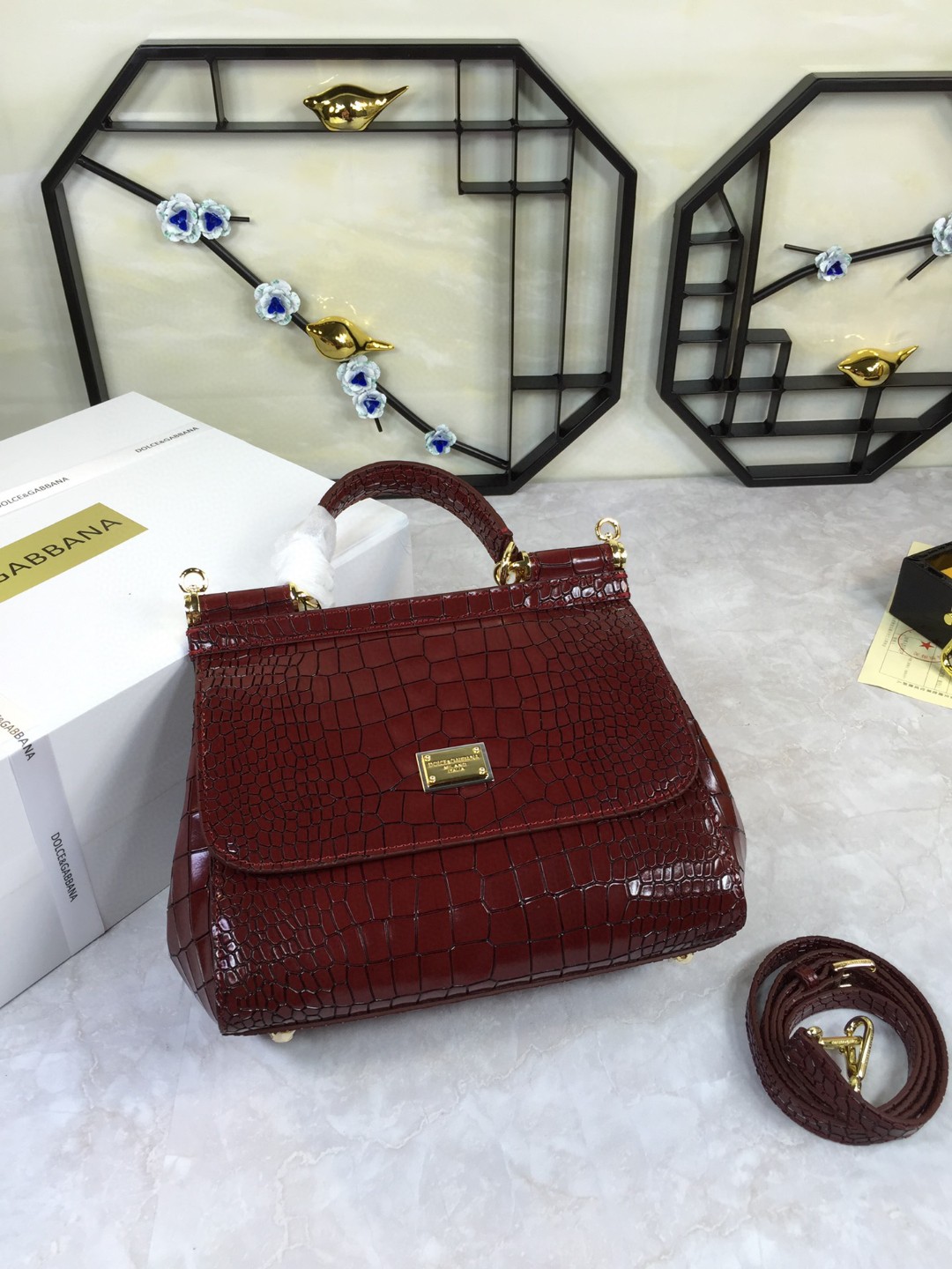 Dolce & Gabbana Medium Sicily Bag In Foiled Crocodile-Print Burgundy For Women 10.2in/26cm DG - Image 2