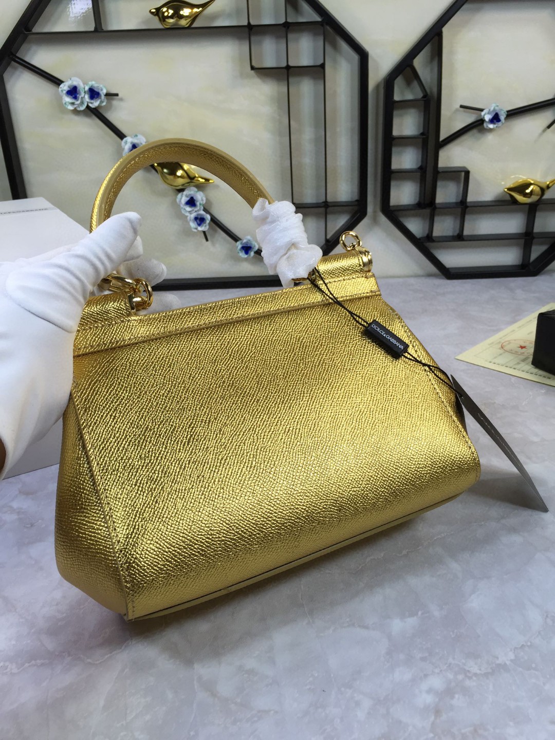 Dolce & Gabbana Medium Sicily Handbag In Dauphine Gold For Women 10.2in/26cm DG - Image 9