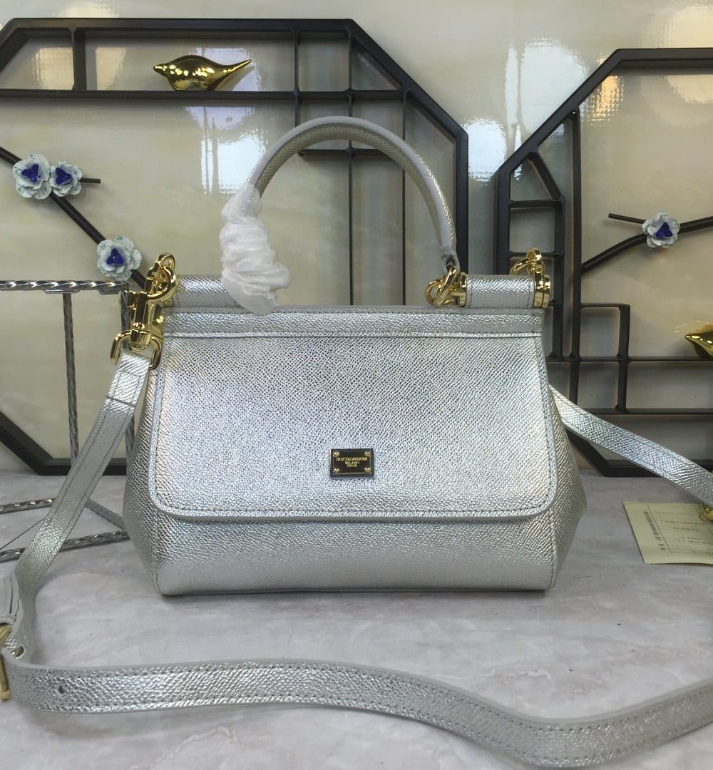 Dolce & Gabbana Medium Sicily Handbag In Dauphine Silver For Women 10.2in/26cm DG