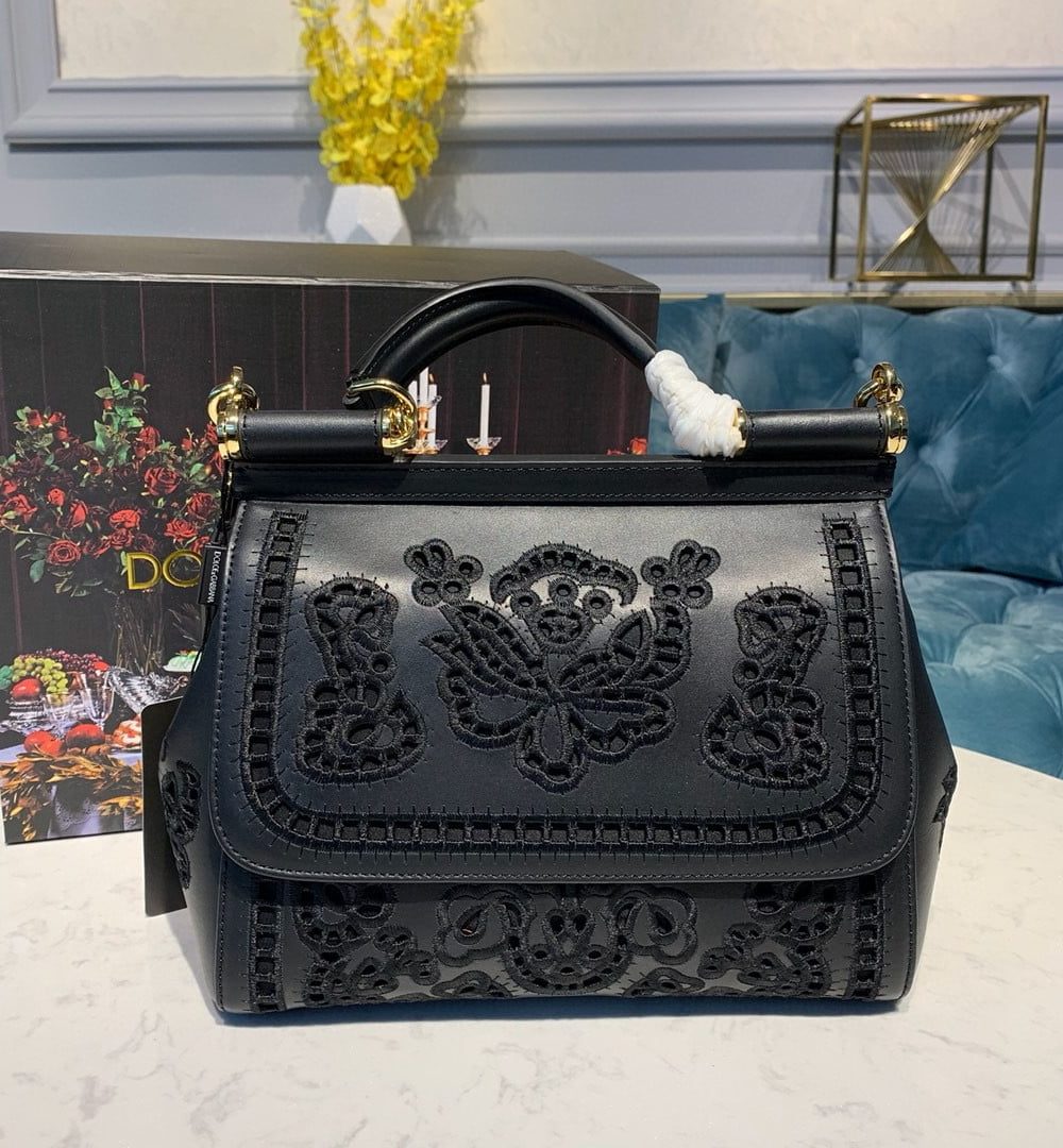 Dolce & Gabbana Medium Sicily Soft Bag In Embroidered Black For Women 10.2in/26cm DG
