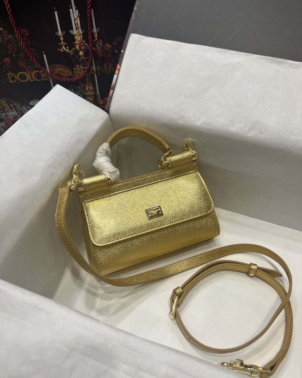 Dolce & Gabbana Small Sicily Bag In Dauphine Gold For Women 7.5in/19cm DG