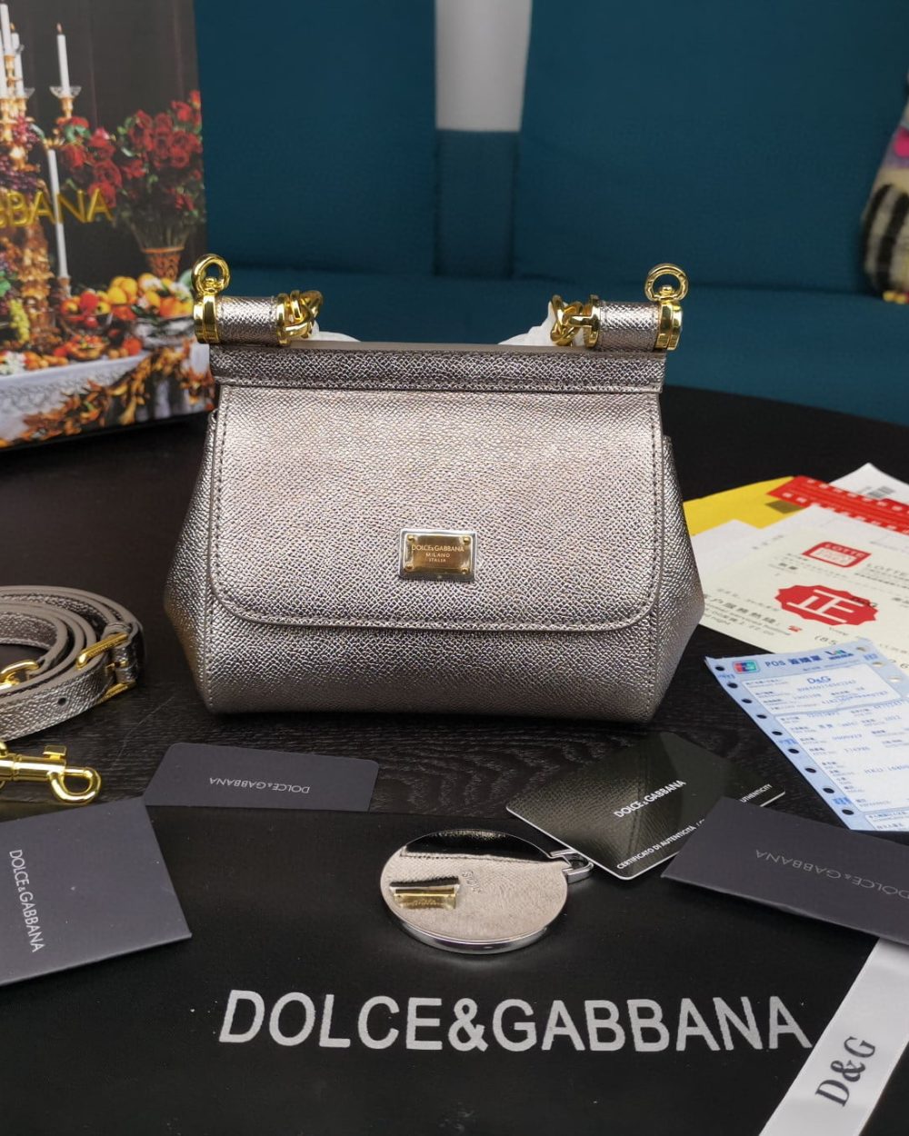 Dolce & Gabbana Small Sicily Bag In Dauphine Silver For Women 7.5in/19cm DG
