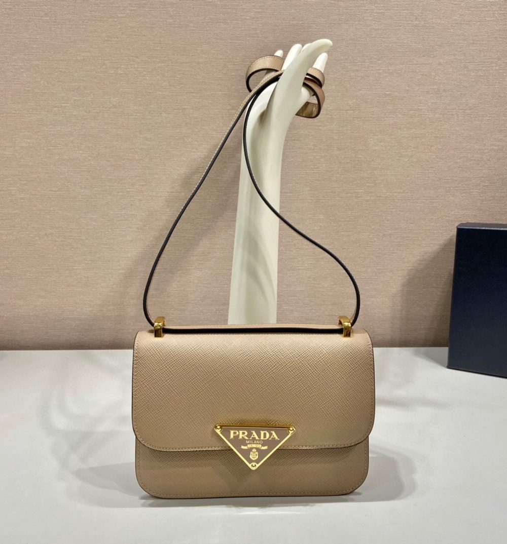 Emblème Saffiano Shoulder Bag In Beige/ White For Women 8.6 in/22cm 1BD320_2A4A_F0036_V_UTO