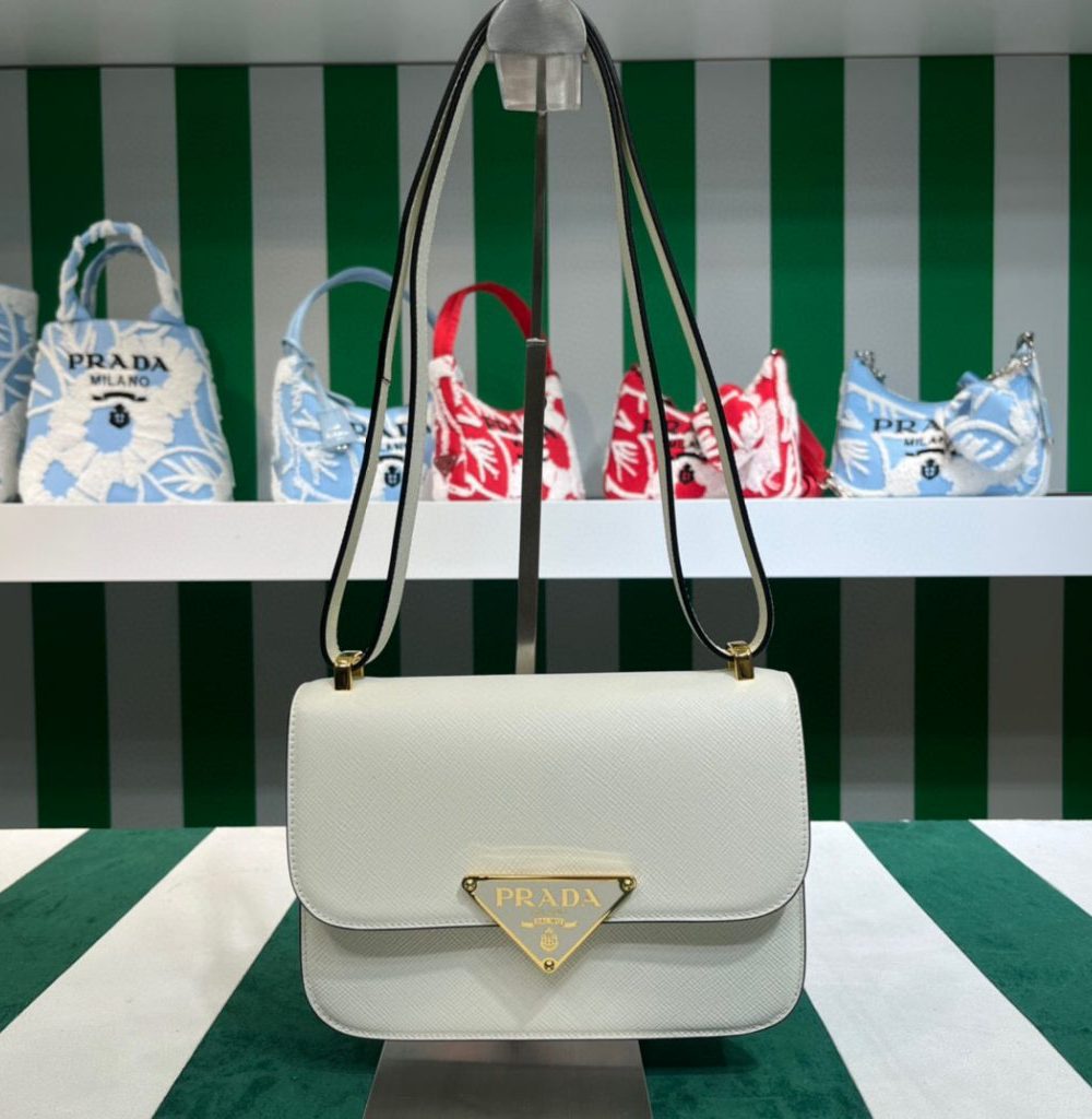 Emblème Saffiano Shoulder Bag In Beige/ White For Women 8.6 in/22cm 1BD320_2A4A_F0036_V_UTO