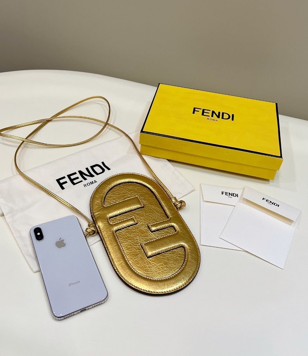 1:1 Replica Fendi 12 Pro Phone Holder Gold Bag For Woman 21.5cm/8.5in 7AS055AISPF0RXU