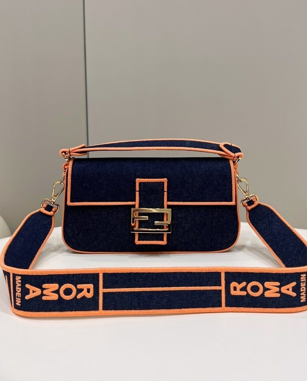 1:1 Replica Fendi Baguette Blue Denim Orange Border Bag For Woman 26cm/10in