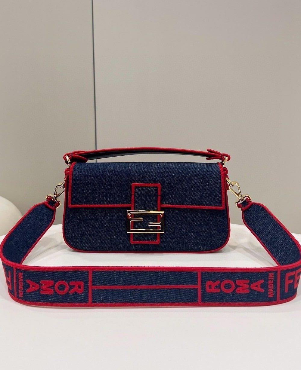 1:1 Replica Fendi Baguette Blue Denim Red Border Bag For Woman 26cm/10in