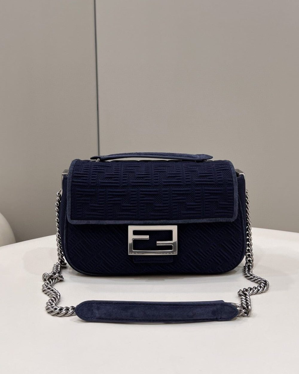 1:1 Replica Fendi Baguette Chain Midi Navy Blue FF Fabric Bag For Woman 14.5cm/6in