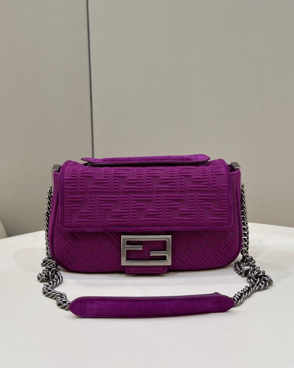 1:1 Replica Fendi Baguette Chain Midi Purple FF Fabric Bag For Woman 14.5cm/6in 8BR793AHW5F1GEH