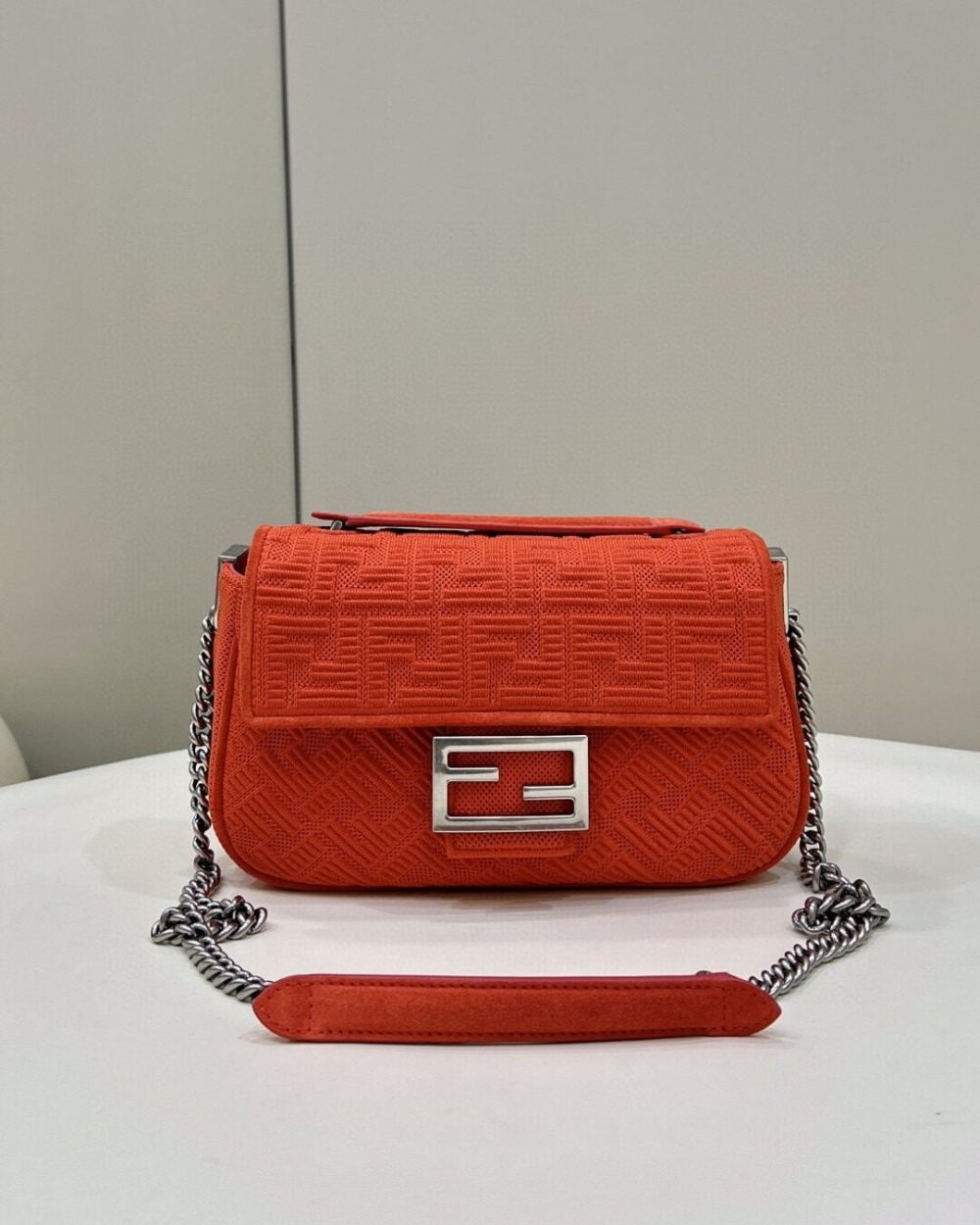 1:1 Replica Fendi Baguette Chain Midi Red FF Fabric Bag For Woman 14.5cm/6in 8BR793AHW5F1F2I