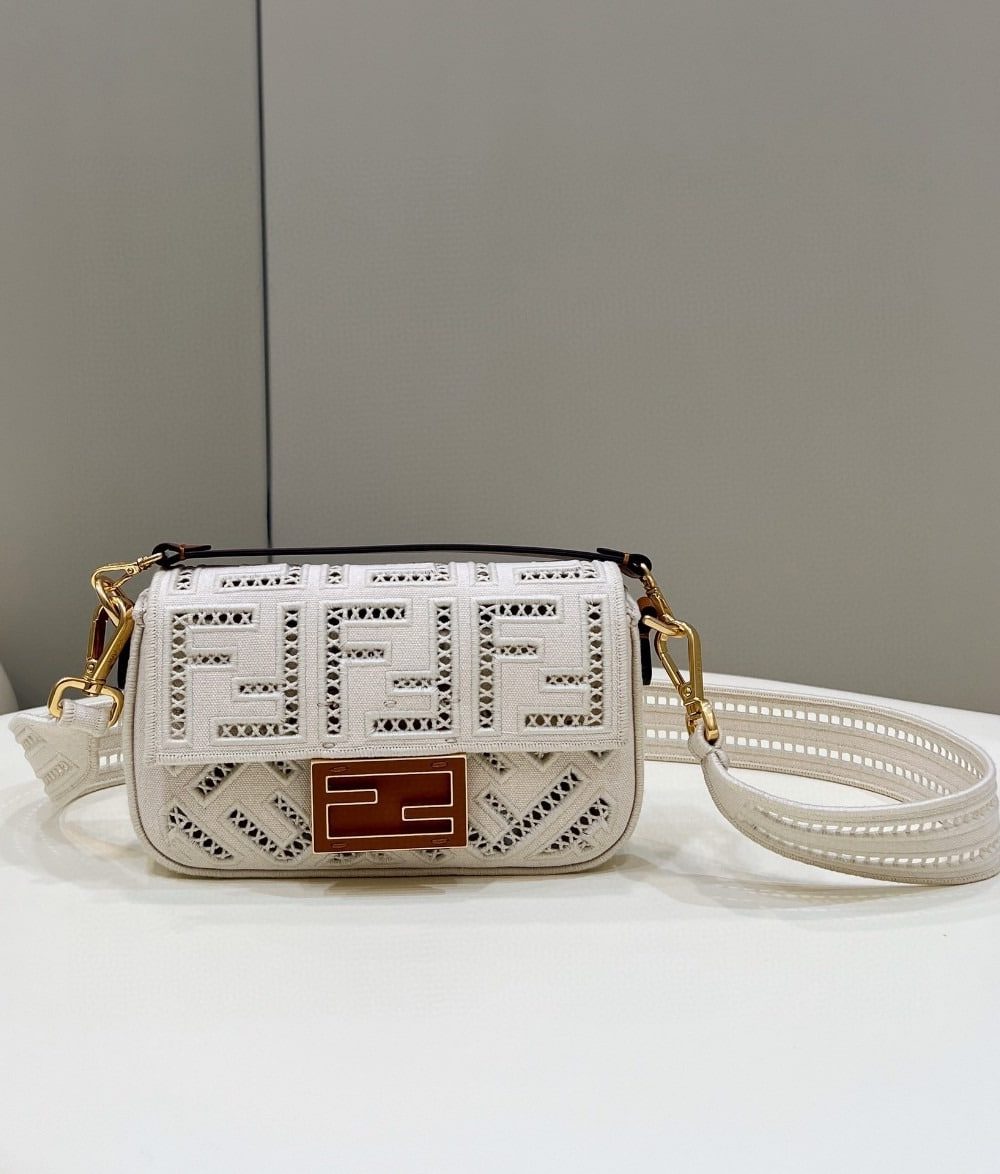 1:1 Replica Fendi Baguette White with Embroidery Small Bag For Woman 21cm/8in