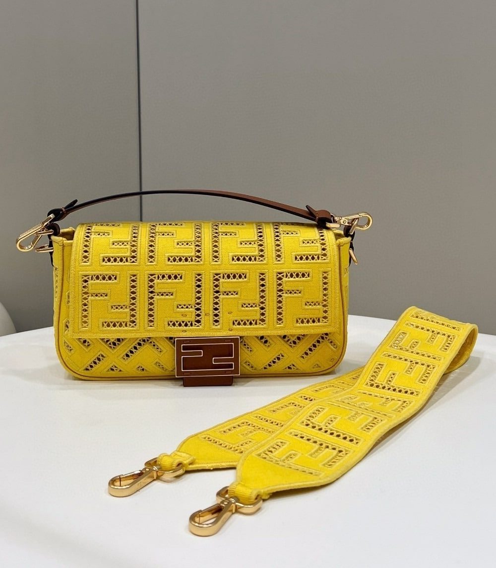 1:1 Replica Fendi Baguette Yellow with Embroidery Medium Bag For Woman 28cm/11in