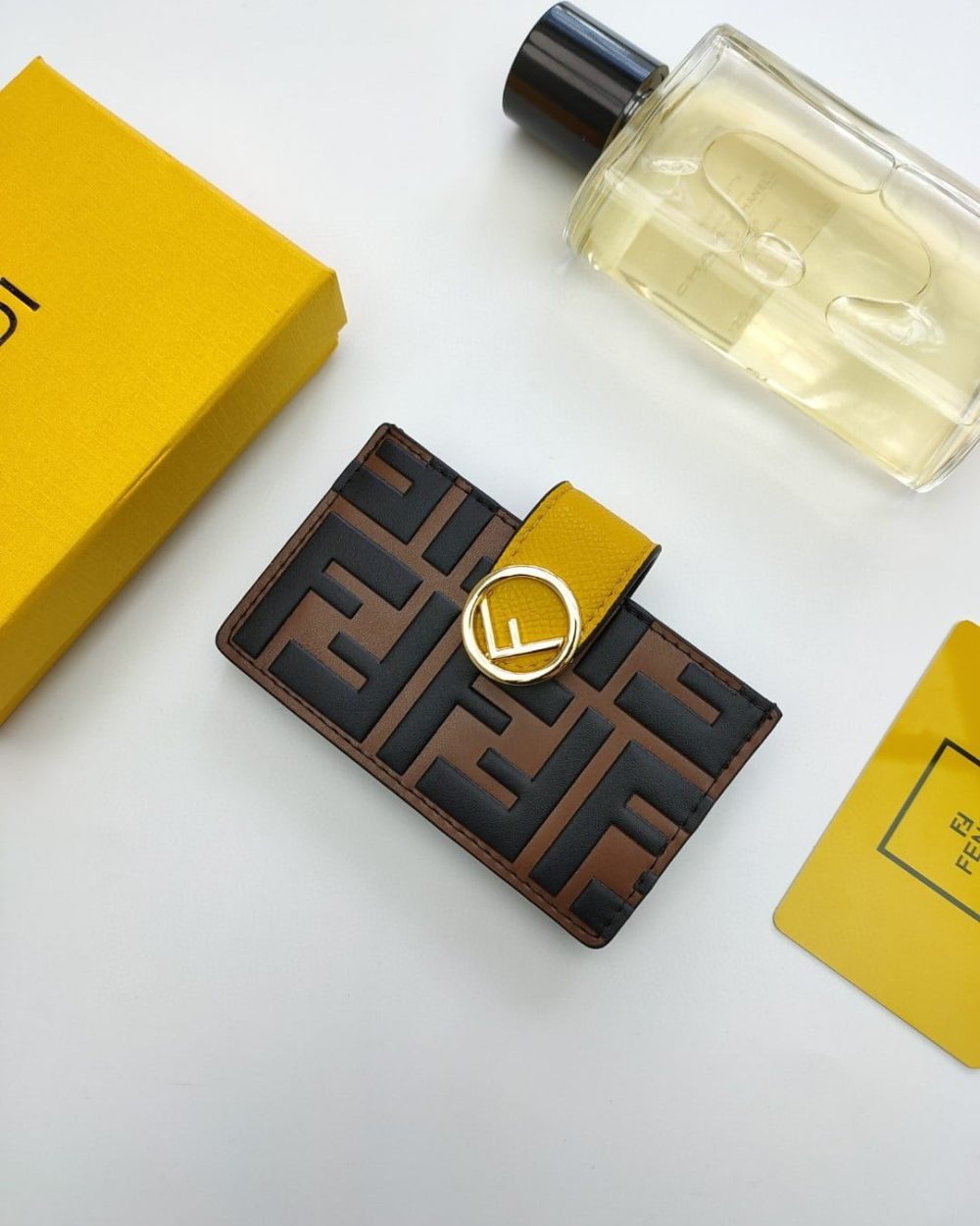1:1 Replica Fendi Card Holder Brown With Yellow Gusseted Card Holder For Women 4in/10cm FF 8M0301A6CBF19DA