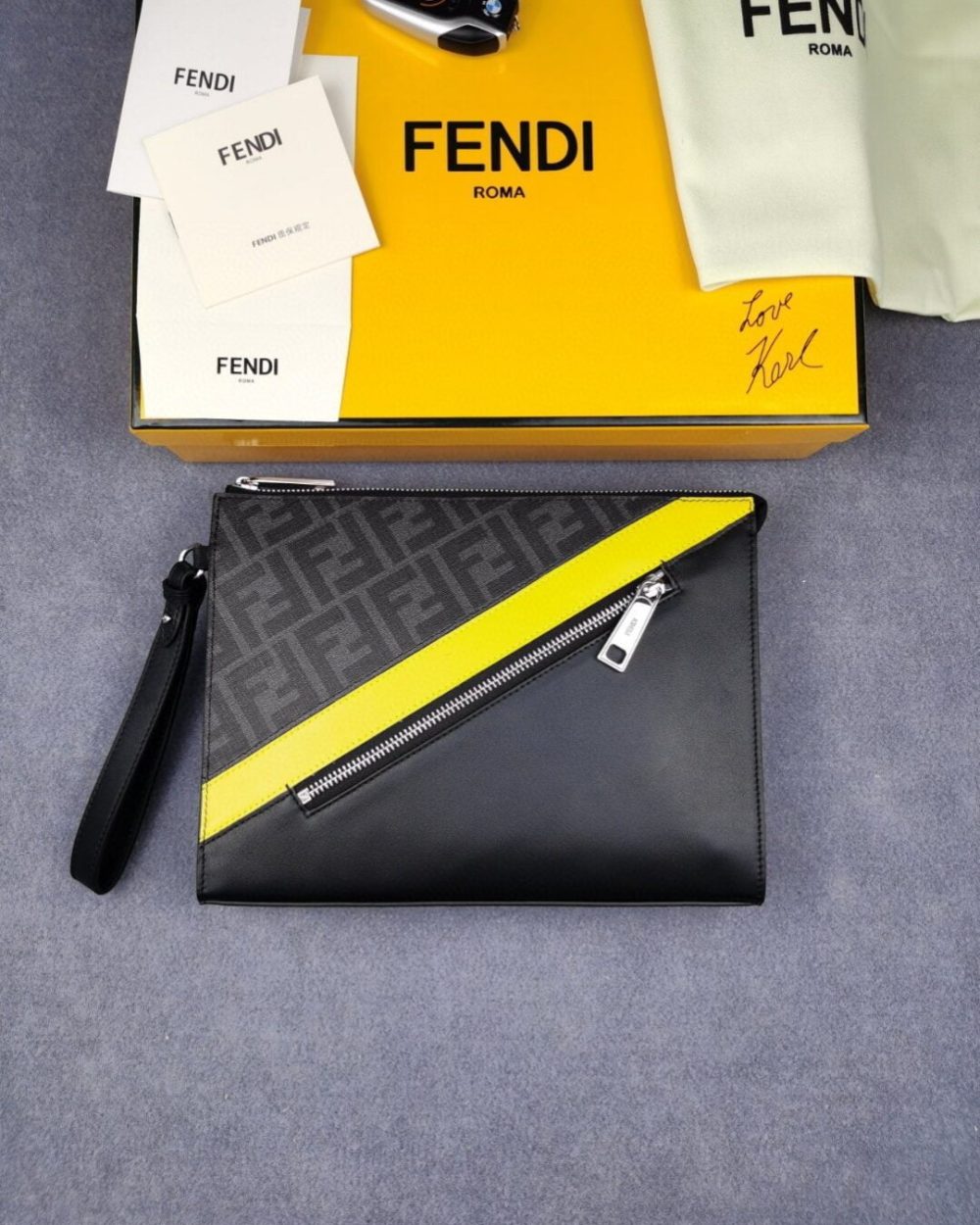 1:1 Replica Fendi Flat Pouch Black Fabric Pouch Yellow Stripes For Men 27cm/10.5in FF 7VA491A9XSF0R2A