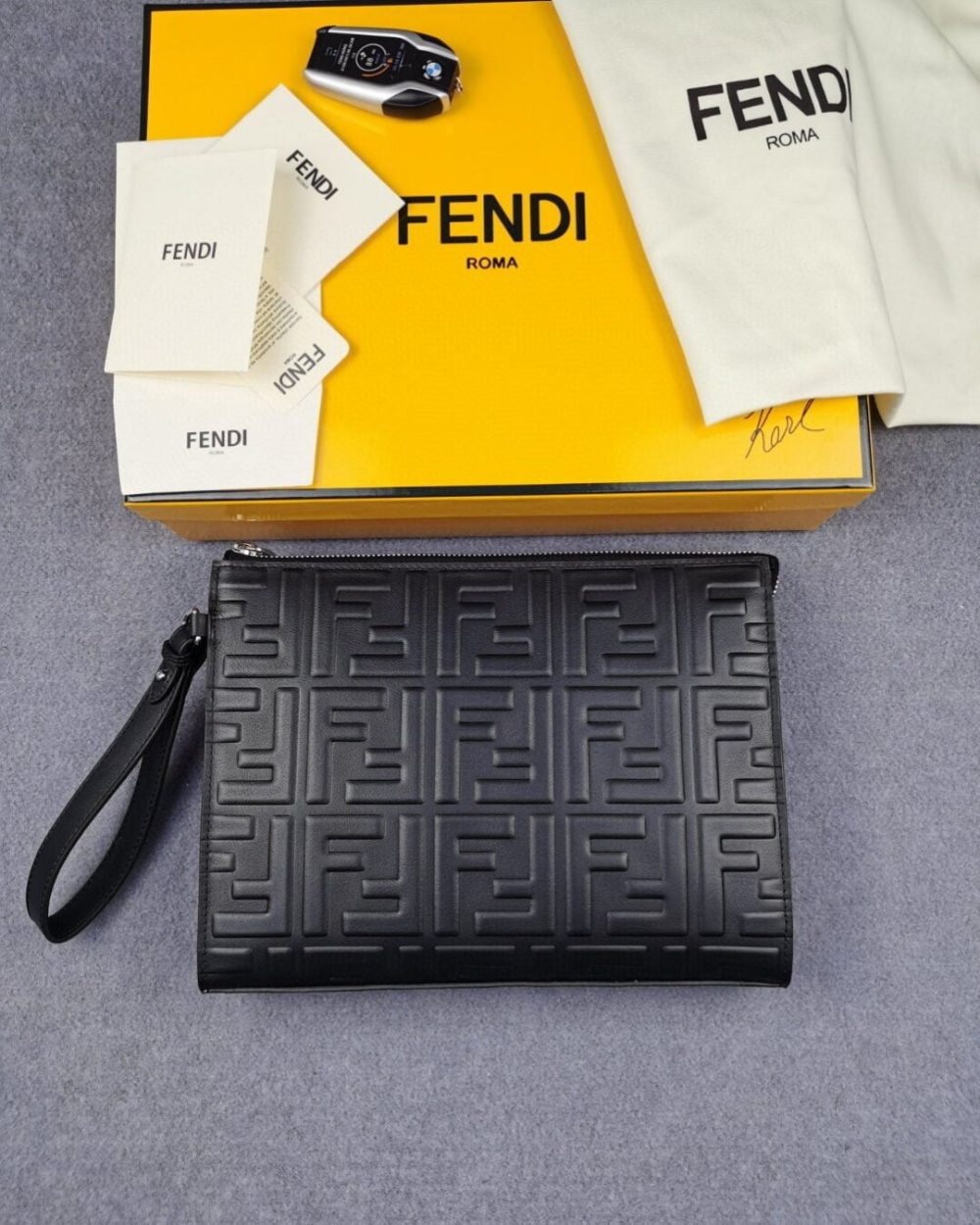 1:1 Replica Fendi Flat Pouch Black Nappa Pouch For Men 27cm/10.5in FF 7VA491A72VF0GXN