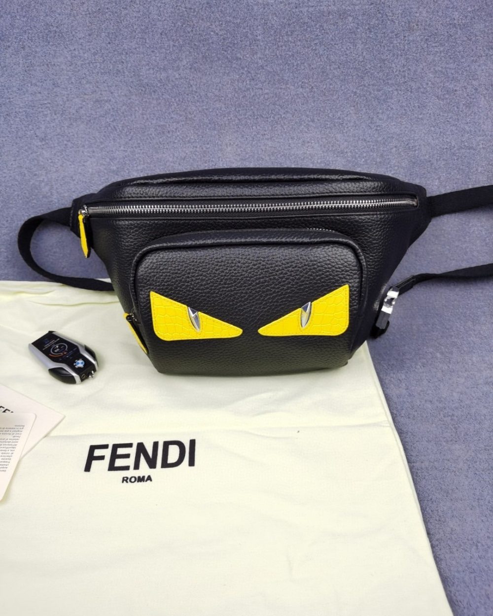 1:1 Replica Fendi Little Monster Belt Bag Black/Yellow For Men, Men's Bags 7.9in/20cm FF