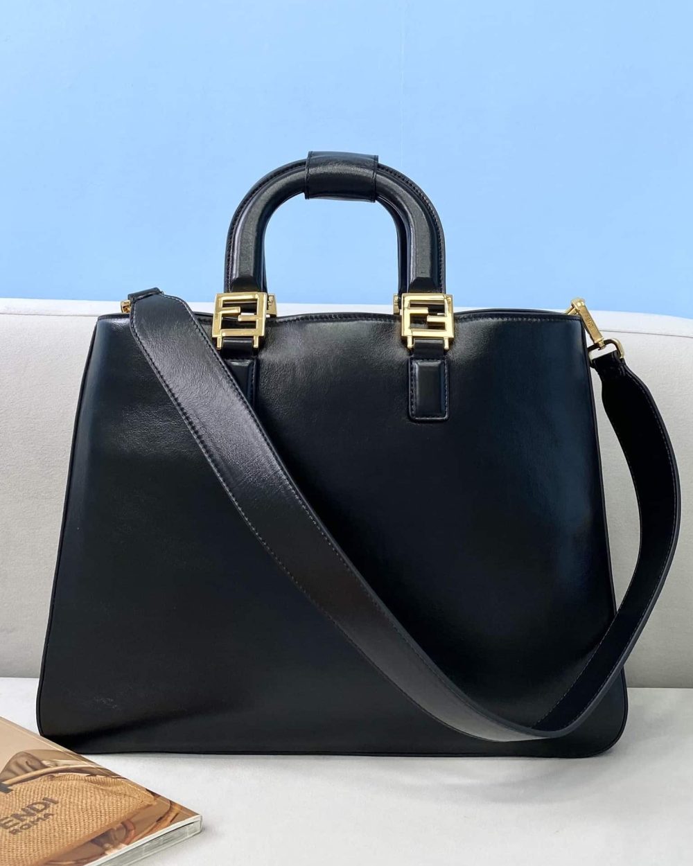 1:1 Replica Fendi Medium FF Tote Shoulder Black Bag For Woman 38cm/15in