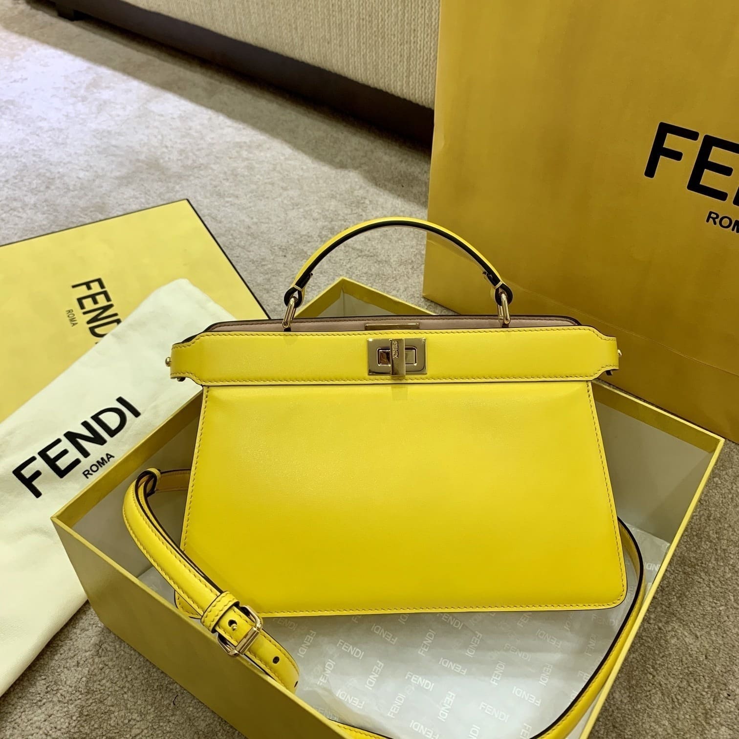 1:1 Replica Fendi Peekaboo ISeeU East-West Yellow For Women, Women's Handbags 11.4in/29cm FF 8BN323