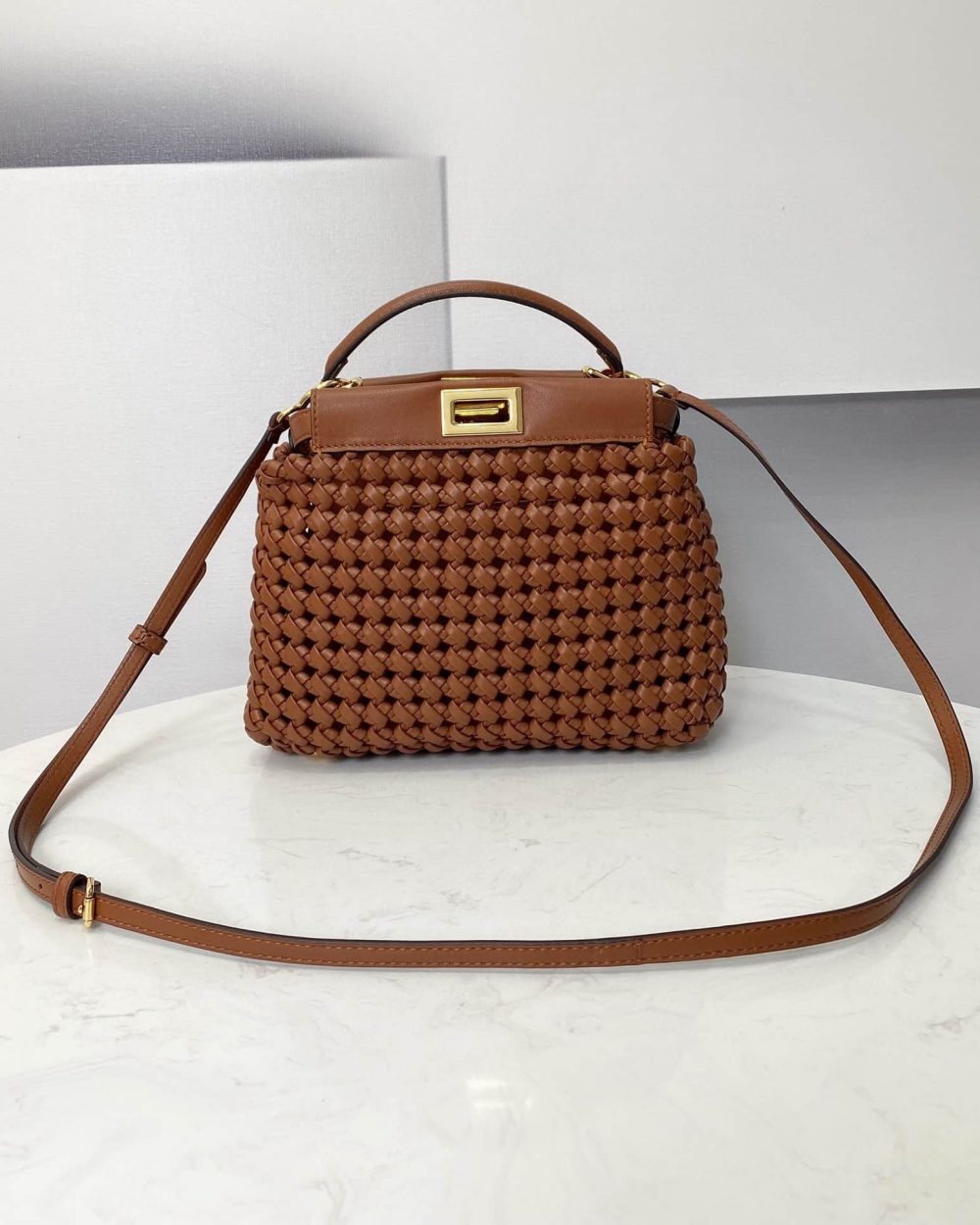 1:1 Replica Fendi Peekaboo Mini Brown Braided Bag For Woman 18cm/7in
